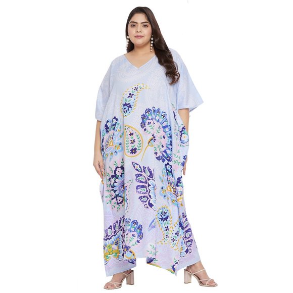 Women Plus Size Fit and Flare Paisley Printed White Kaftan Dress by Gypsie Blu - Picture 4 of 8